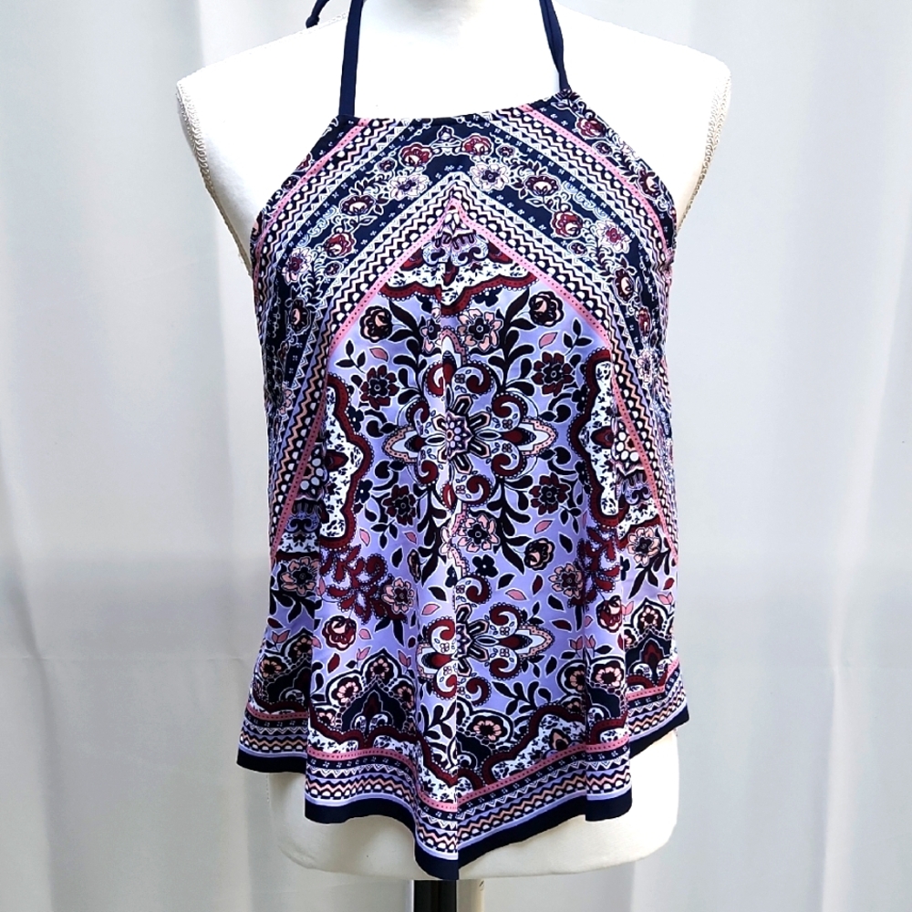 Kona Sol Purple Blue Paisley Print Halter Tankini Top Western Boho Coast Cowgirl